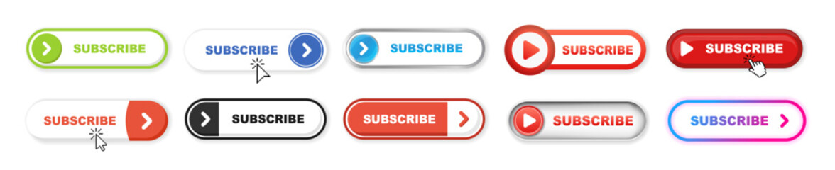 Subscribe, bell button and hand cursor. Red button subscribe to channel, blog. Social media background. Vector subscribe icon set on transparent background.