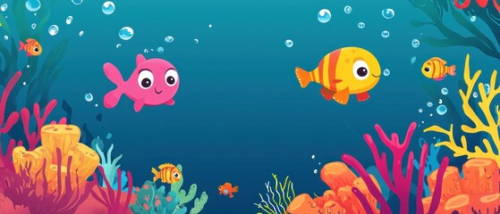 Obraz premium Cartoon Illustration of Colorful Fish in an Underwater Setting