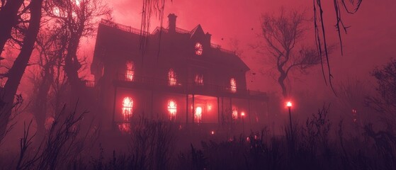 Obraz premium Eerie Mansion in a Red Foggy Forest