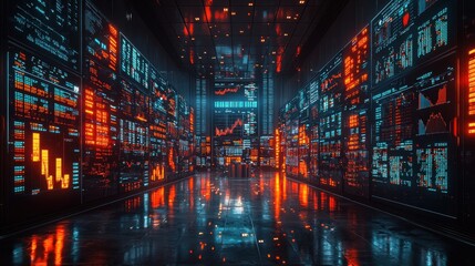Obraz premium Vibrant Financial Trading Floor, dynamic environment filled with traders analyzing global markets, large screens displaying stock trends, live ticker creating an energetic ambiance
