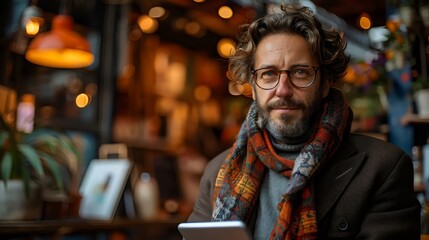 Obraz premium A man wearing glasses and a scarf sits at a table with a tablet in front of him