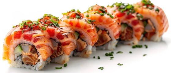 A perfectly crafted sushi roll isolated on a white background
