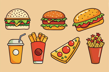 Fast food illustrations stickers set. Vector collection. Fast food cartoon icons. Hamburger, hot dog, pizza, taco, popcorn and other delicious food isolated on beige background. Perfect for menu 