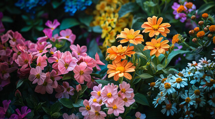 many flowers, only 1 to 2 flowers per type, botanical photography style