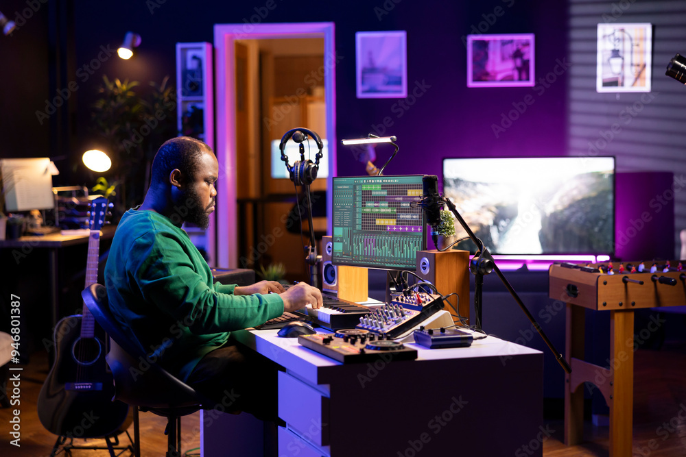 Poster audio composer playing piano electronic keyboard to create a new track, adjusting volume levels on o