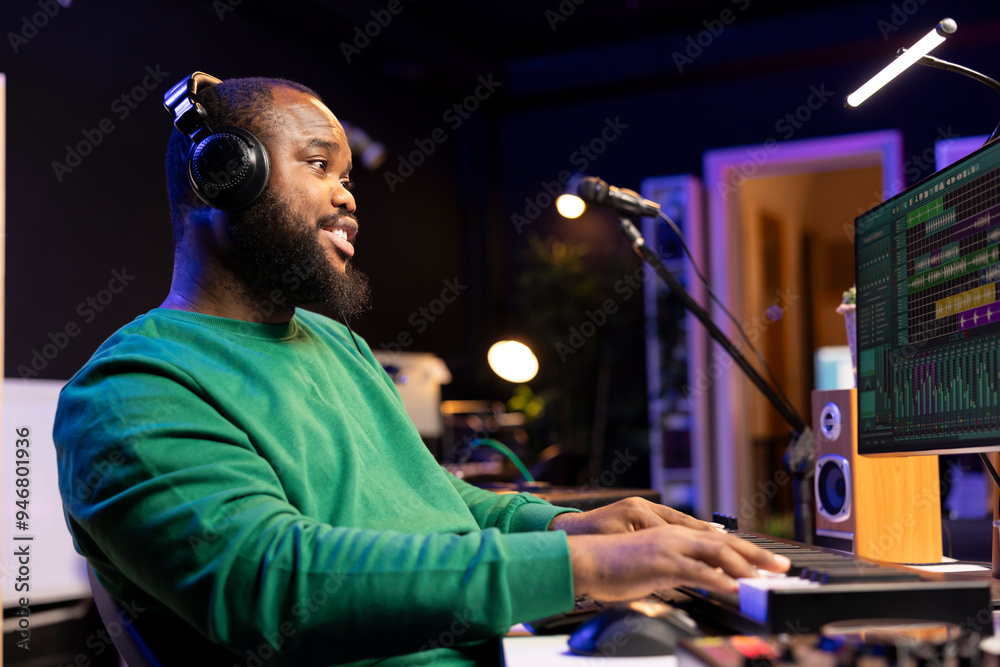 Leinwandbilder Sound designer working in home studio with digital audio software on pc, playing piano keys and editing old recordings. Artist producer creating songs on midi controller keyboard notes.