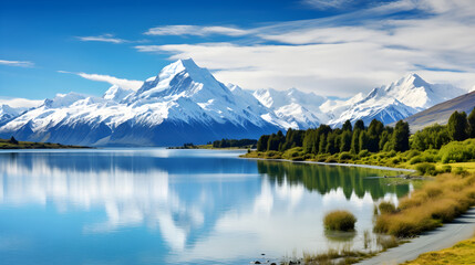 Panoramic View of Pristine Landscape: Serene Lake, Verdant Plains and Majestic Mountain Peaks