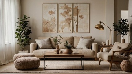 Modern living room, Scandinavian home interior design with comfortable beige sofa and wooden floor and table and plants, beige walls, cozy carpet, wall art framed.