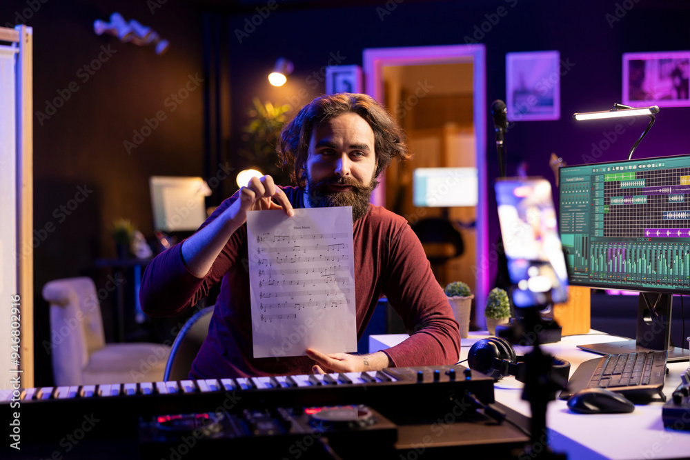 Poster talented artist explaining sheet with musical notes on smartphone vlog, doing online lessons in his 