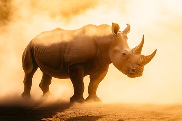 Fototapeta premium Rhino silhouette standing majestically with dust clouds around the feet
