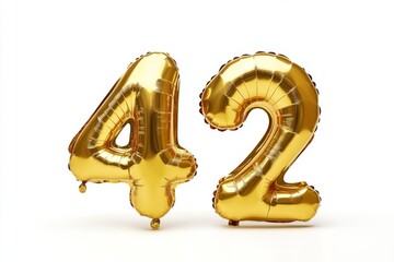 Number 42 golden inflatable foil balloons. Bright party decoration. Fourty two years on white background