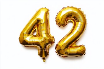 Number 42 golden inflatable foil balloons. Bright party decoration. Fourty two years on white background