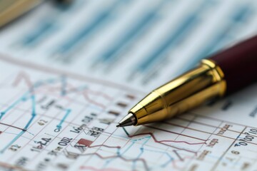 A pen is on top of a sheet of paper with a bunch of numbers and graphs