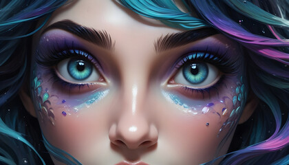 Colorful Mermaid Portrait Painting Beautiful Ocean Female Background Graphic Design