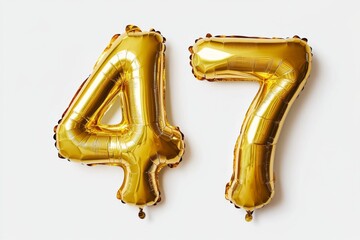Number 47 golden inflatable foil balloons. Bright party decoration. Fourty seven years on white background