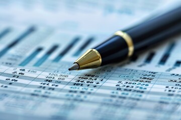 A pen is on top of a sheet of paper with a bunch of numbers and graphs