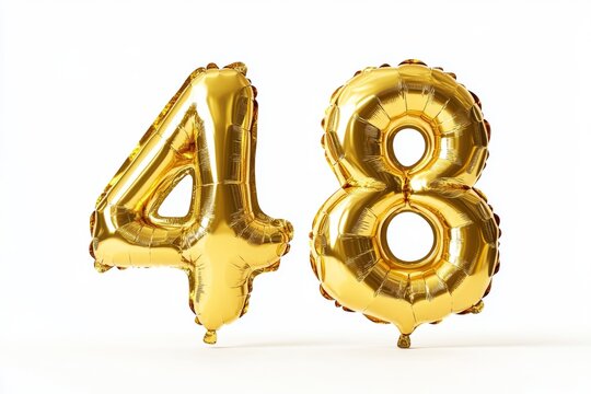 Number 48 golden inflatable foil balloons. Bright party decoration. Fourty eight years on white background