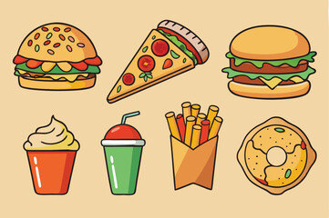 Fast food illustrations stickers set. Vector collection. Fast food cartoon icons. Hamburger, hot dog, pizza, taco, popcorn and other delicious food isolated on beige background. Perfect for menu 