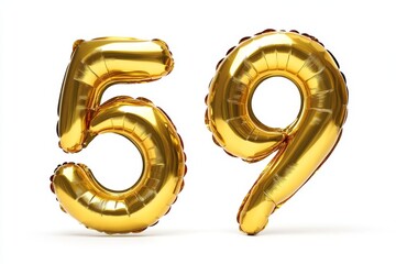Number 59 golden inflatable foil balloons. Bright party decoration. Fifty nine years on white background