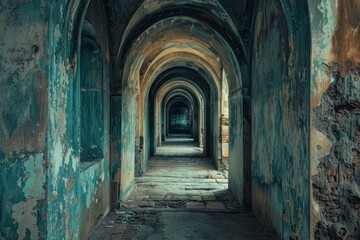 Fototapeta premium Crumbling walls and arches lining a long corridor in an abandoned building