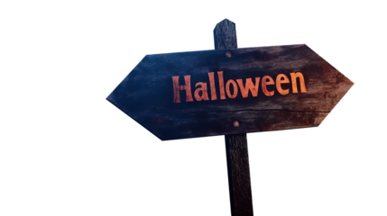 A weathered wooden arrow sign pointing to the right, with the word "Halloween" written in a spooky, jagged font