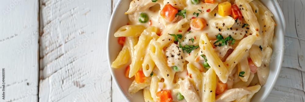 Canvas Prints Close-up of a creamy chicken and penne pasta casserole featuring vegetables, cheese, and cream of chicken soup in a white bowl on a light wooden surface.