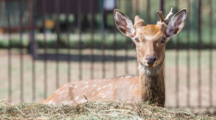 Portrait. A small fawn walks in a paddock on a ranch, on a private eco-farm or in a contact zoo....