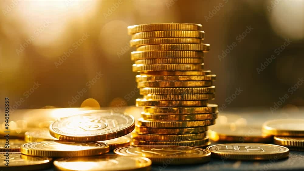 Poster a stack of gold coins on a table. the coins are shiny and appear to be valuable. concept of wealth a