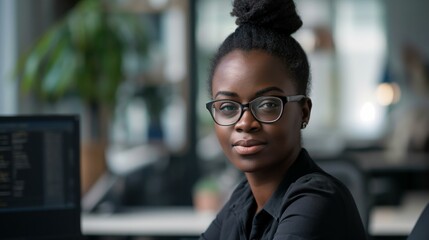 Confident Black woman working as a junior IT analyst in an office setting