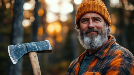 Bearded man holding axe in the woods during golden hour, wearing warm clothes and knitted beanie, outdoor lumberjack lifestyle, rugged and experienced expression, forest background