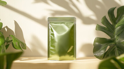An elegant mockup of a green foil standing pouch on a cream-colored wooden table