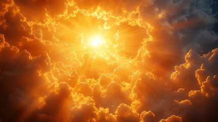 Bright golden sun rays breaking through dramatic clouds, illuminating the sky, heavenly light, powerful natural phenomenon, celestial beauty, awe-inspiring cloudscape