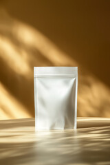 A clean and simple mockup of a white standing pouch, showcased on a light-colored wooden desk