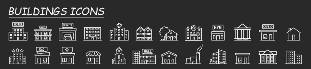 Building icon set. Containing house, office, bank, school, hotel, shop, university, church, police, gym and hospital icons. Solid icon collection. Vector illustration.
