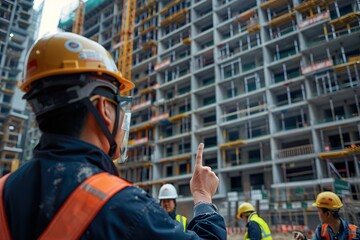 Back view of engineers standing in front of building under construction. Construction workers in uniform and hardhats on construction site.
