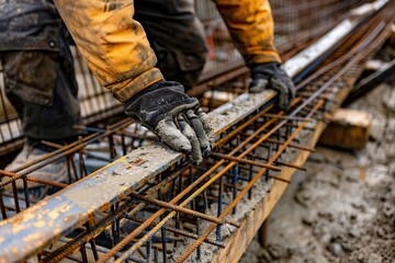 Close up of a worker's hand in a protective glove working on a construction site. Professional construction worker.