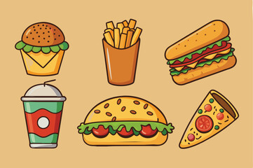 Fast food illustrations stickers set. Vector collection. Fast food cartoon icons. Hamburger, hot dog, pizza, taco, popcorn and other delicious food isolated on beige background. Perfect for menu 