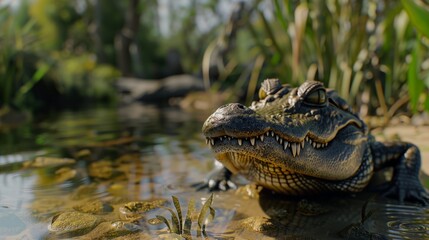 Obraz premium Crocodile in closeup with natural landscape generative ai