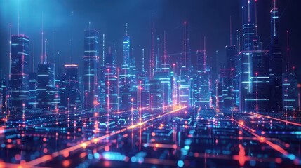 Fototapeta premium A futuristic smart city illuminated by AI-driven digital networks. The skyline features glowing skyscrapers interconnected with neon grids, creating a high-tech urban environment