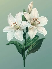 Naklejka premium A digital illustration of a white lily flower with green leaves against a soft background.