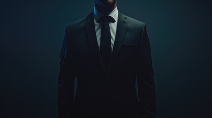 Man in a black suit, close-up. Businessman in a black suit, tie and white shirt on a dark background. No face is visible. 