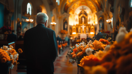 Obraz premium Elegantly Decorated Casket in a Church Filled with Warm Light