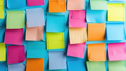 Sticky notes of various colors and sizes arranged on a task board