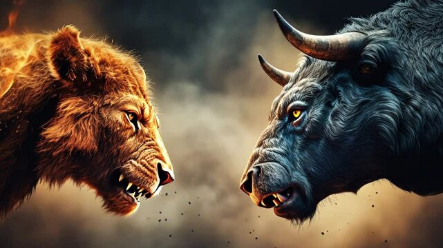 Two bulls are fighting with one of them having fire on its face. The other bull has horns and is looking at the other bull