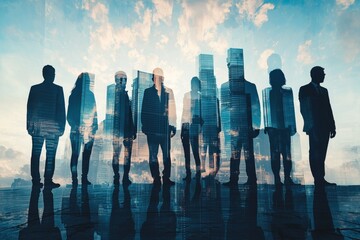 People standing in city skyline double exposure created with Generative AI