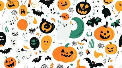 A festive Halloween-themed illustration featuring pumpkins, ghosts, bats, and spider webs.