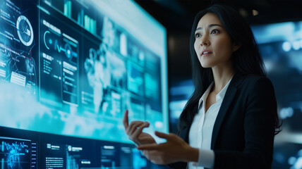 会議室でプロジェクトを発表する女性