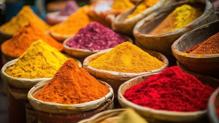 Colorful Spices Displayed in Bowls at a Market