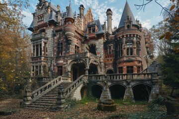 Fototapeta premium Majestic abandoned chateau is slowly decaying with broken windows and an overgrown yard