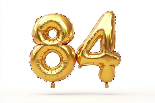 Number 84 golden inflatable foil balloons. Bright party decoration. Eighty four years on white background